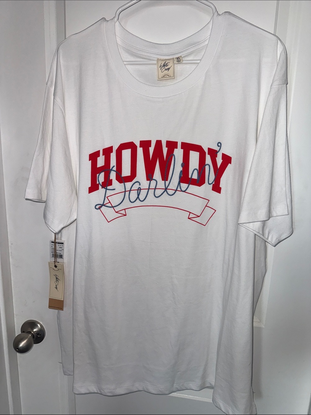 White Crow White Graphic Tee with Red HOWDY and Blue Script